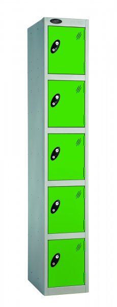 Single Metal Storage Locker | 5 Doors | 1780 x 305 x 380mm | Silver Carcass | Green Door | Cam Lock | Probe