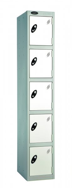 Single Metal Storage Locker | 5 Doors | 1780 x 305 x 380mm | Silver Carcass | White Door | Cam Lock | Probe