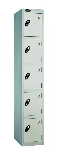 Single Metal Storage Locker | 5 Doors | 1780 x 305 x 380mm | Silver Carcass | Silver Door | Cam Lock | Probe