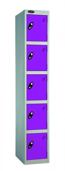 Single Metal Storage Locker | 5 Doors | 1780 x 305 x 380mm | Silver Carcass | Lilac Door | Cam Lock | Probe