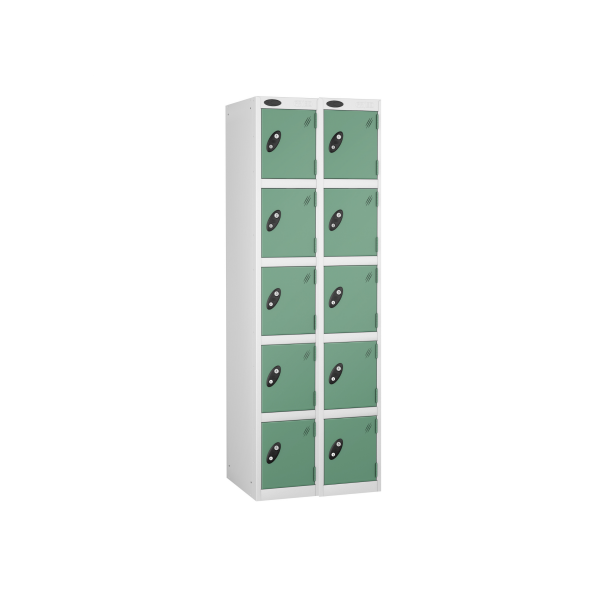 Nest of 2 Metal Storage Lockers | 5 Doors | 1780 x 305 x 380mm | White Carcass | Jade Door | Cam Lock | Probe