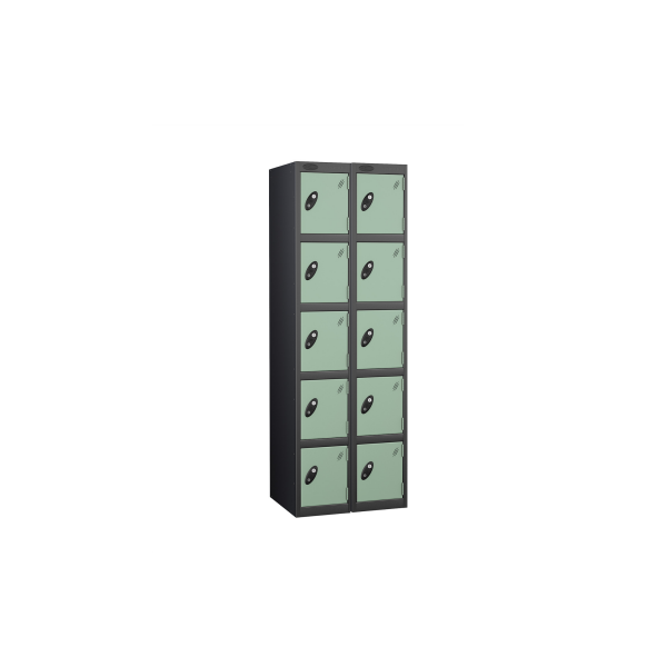 Nest of 2 Metal Storage Lockers | 5 Doors | 1780 x 305 x 380mm | Black Carcass | Jade Door | Cam Lock | Probe