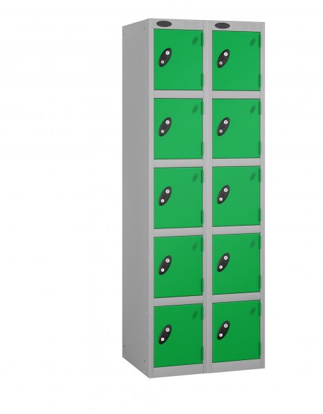 Nest of 2 Metal Storage Lockers | 5 Doors | 1780 x 305 x 380mm | Silver Carcass | Green Door | Cam Lock | Probe