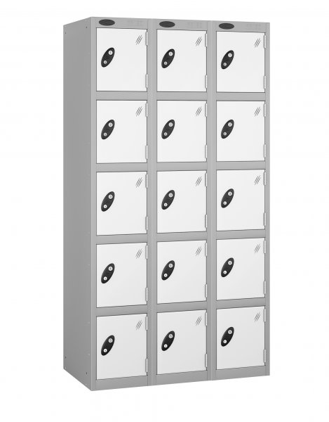 Nest of 3 Metal Storage Lockers | 5 Doors | 1780 x 305 x 380mm | Silver Carcass | White Door | Cam Lock | Probe