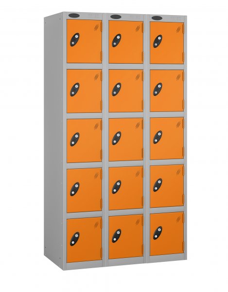 Nest of 3 Metal Storage Lockers | 5 Doors | 1780 x 305 x 380mm | Silver Carcass | Orange Door | Cam Lock | Probe