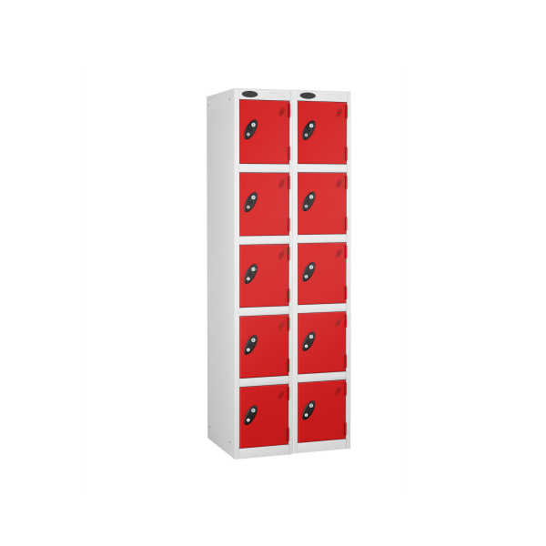 Nest of 2 Metal Storage Lockers | 5 Doors | 1780 x 305 x 460mm | White Carcass | Red Door | Cam Lock | Probe