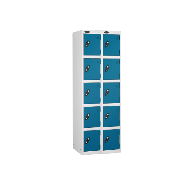 Nest of 2 Metal Storage Lockers | 5 Doors | 1780 x 305 x 460mm | White Carcass | Blue Door | Cam Lock | Probe