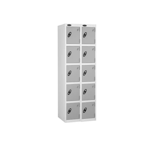 Nest of 2 Metal Storage Lockers | 5 Doors | 1780 x 305 x 460mm | White Carcass | Silver Door | Cam Lock | Probe