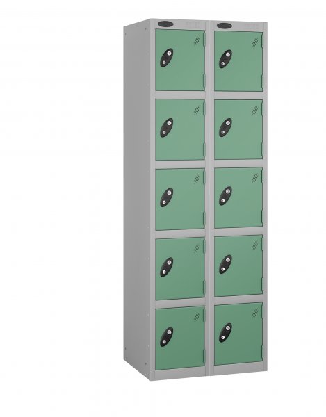 Nest of 2 Metal Storage Lockers | 5 Doors | 1780 x 305 x 460mm | Silver Carcass | Jade Door | Cam Lock | Probe
