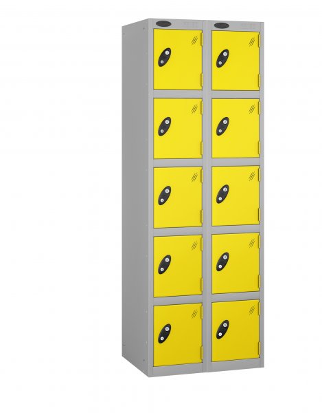 Nest of 2 Metal Storage Lockers | 5 Doors | 1780 x 305 x 460mm | Silver Carcass | Lemon Door | Cam Lock | Probe