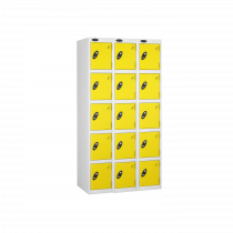 Nest of 3 Metal Storage Lockers | 5 Doors | 1780 x 305 x 460mm | White Carcass | Lemon Door | Cam Lock | Probe