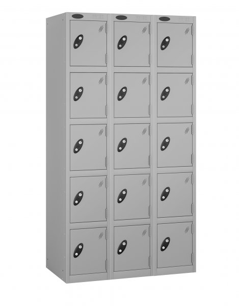 Nest of 3 Metal Storage Lockers | 5 Doors | 1780 x 305 x 460mm | Silver Carcass | Silver Door | Cam Lock | Probe