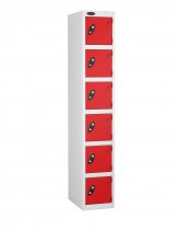 Single Metal Storage Locker | 6 Doors | 1780 x 305 x 305mm | White Carcass | Red Door | Cam Lock | Probe