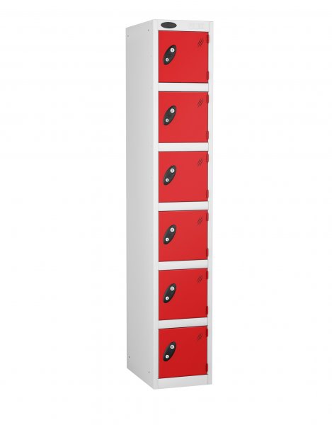 Single Metal Storage Locker | 6 Doors | 1780 x 305 x 305mm | White Carcass | Red Door | Cam Lock | Probe