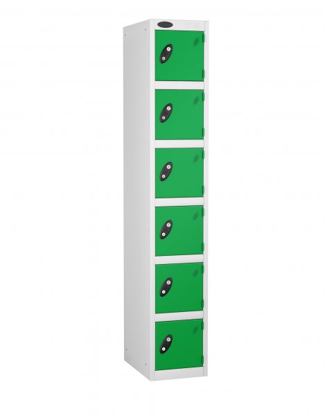 Single Metal Storage Locker | 6 Doors | 1780 x 305 x 305mm | White Carcass | Green Door | Cam Lock | Probe