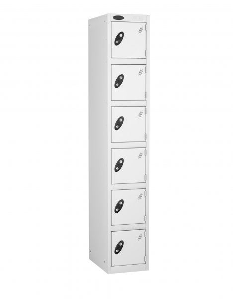 Single Metal Storage Locker | 6 Doors | 1780 x 305 x 305mm | White Carcass | White Door | Cam Lock | Probe