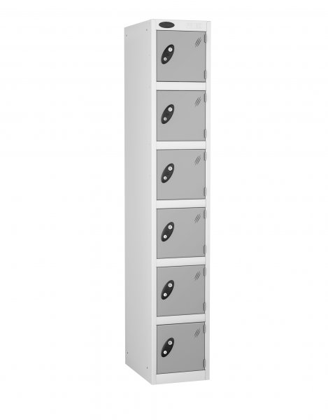 Single Metal Storage Locker | 6 Doors | 1780 x 305 x 305mm | White Carcass | Silver Door | Cam Lock | Probe