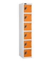 Single Metal Storage Locker | 6 Doors | 1780 x 305 x 305mm | White Carcass | Orange Door | Cam Lock | Probe