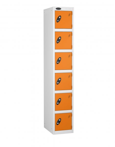 Single Metal Storage Locker | 6 Doors | 1780 x 305 x 305mm | White Carcass | Orange Door | Cam Lock | Probe