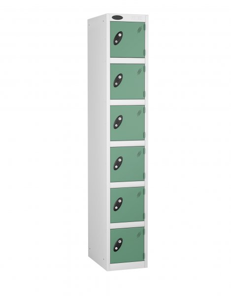 Single Metal Storage Locker | 6 Doors | 1780 x 305 x 305mm | White Carcass | Jade Door | Cam Lock | Probe