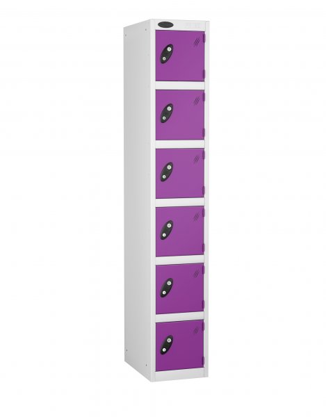 Single Metal Storage Locker | 6 Doors | 1780 x 305 x 305mm | White Carcass | Lilac Door | Cam Lock | Probe