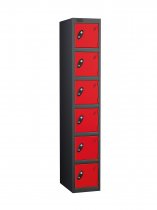 Single Metal Storage Locker | 6 Doors | 1780 x 305 x 305mm | Black Carcass | Red Door | Cam Lock | Probe