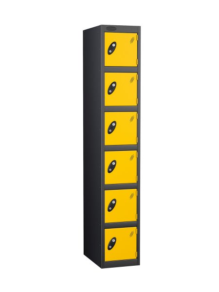 Single Metal Storage Locker | 6 Doors | 1780 x 305 x 305mm | Black Carcass | Yellow Door | Cam Lock | Probe