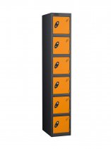 Single Metal Storage Locker | 6 Doors | 1780 x 305 x 305mm | Black Carcass | Orange Door | Cam Lock | Probe