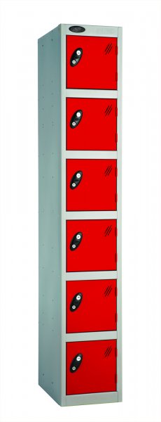 Single Metal Storage Locker | 6 Doors | 1780 x 305 x 305mm | Silver Carcass | Red Door | Cam Lock | Probe