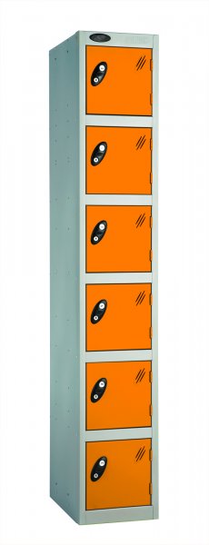 Single Metal Storage Locker | 6 Doors | 1780 x 305 x 305mm | Silver Carcass | Orange Door | Cam Lock | Probe