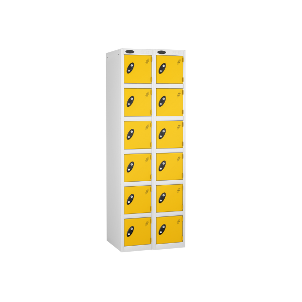 Nest of 2 Metal Storage Lockers | 6 Doors | 1780 x 305 x 305mm | White Carcass | Yellow Door | Cam Lock | Probe