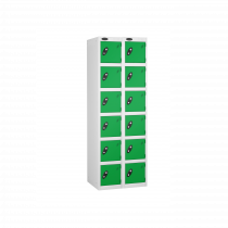 Nest of 2 Metal Storage Lockers | 6 Doors | 1780 x 305 x 305mm | White Carcass | Green Door | Cam Lock | Probe