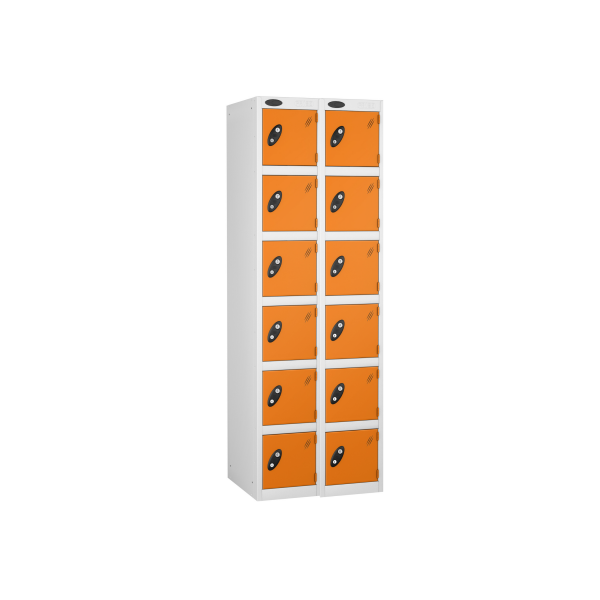 Nest of 2 Metal Storage Lockers | 6 Doors | 1780 x 305 x 305mm | White Carcass | Orange Door | Cam Lock | Probe