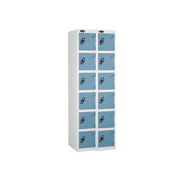 Nest of 2 Metal Storage Lockers | 6 Doors | 1780 x 305 x 305mm | White Carcass | Ocean Door | Cam Lock | Probe