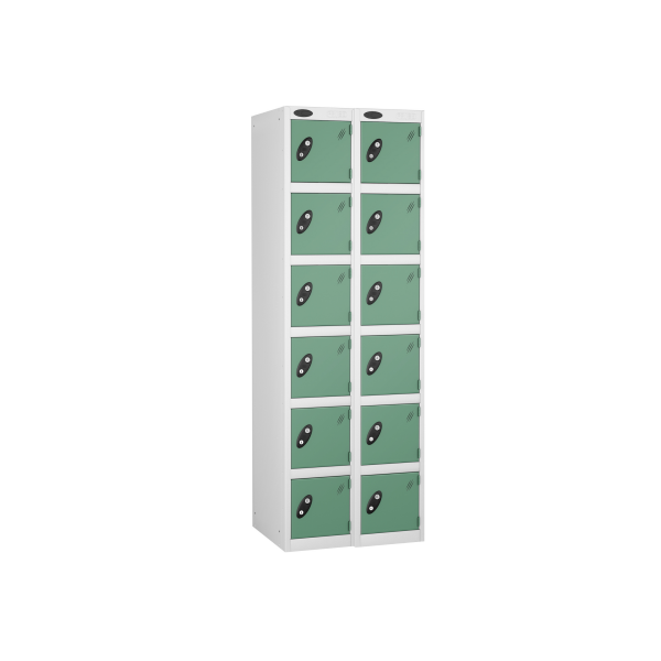 Nest of 2 Metal Storage Lockers | 6 Doors | 1780 x 305 x 305mm | White Carcass | Jade Door | Cam Lock | Probe