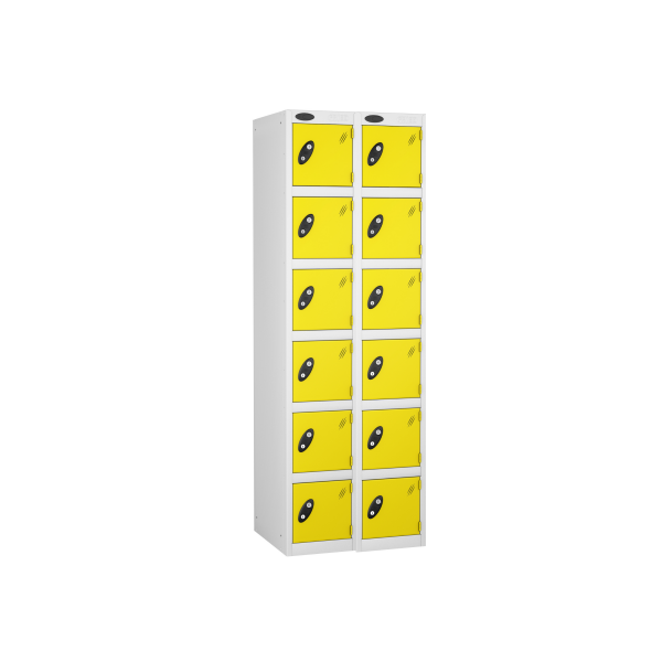 Nest of 2 Metal Storage Lockers | 6 Doors | 1780 x 305 x 305mm | White Carcass | Lemon Door | Cam Lock | Probe