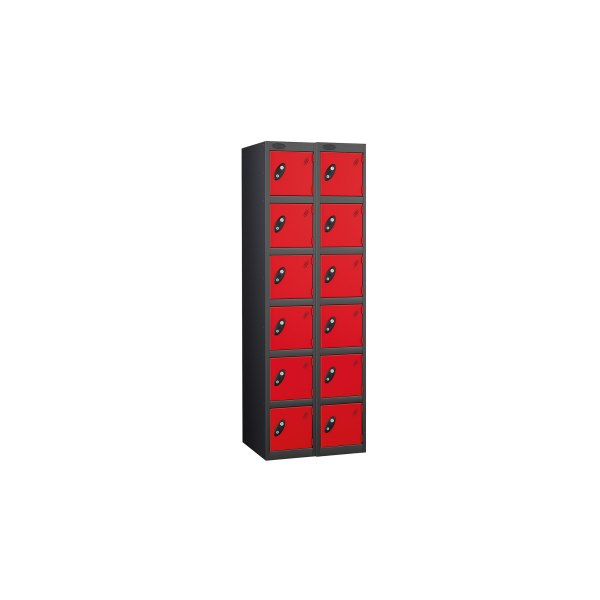 Nest of 2 Metal Storage Lockers | 6 Doors | 1780 x 305 x 305mm | Black Carcass | Red Door | Cam Lock | Probe