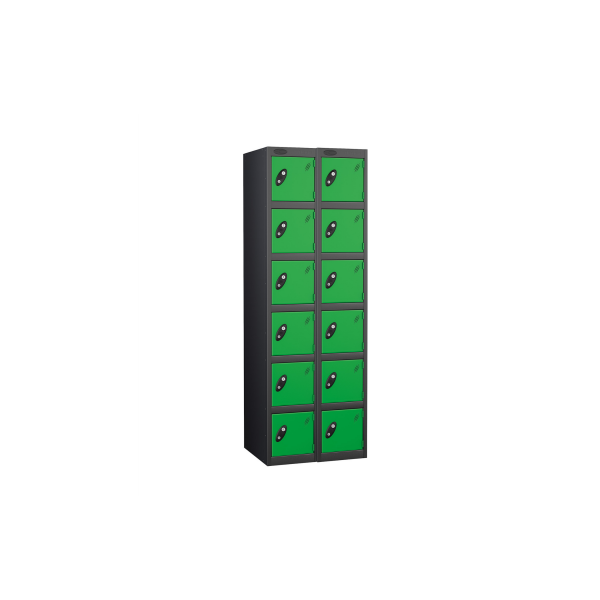 Nest of 2 Metal Storage Lockers | 6 Doors | 1780 x 305 x 305mm | Black Carcass | Green Door | Cam Lock | Probe