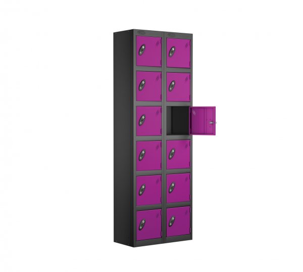 Nest of 2 Metal Storage Lockers | 6 Doors | 1780 x 305 x 305mm | Black Carcass | Lilac Door | Cam Lock | Probe