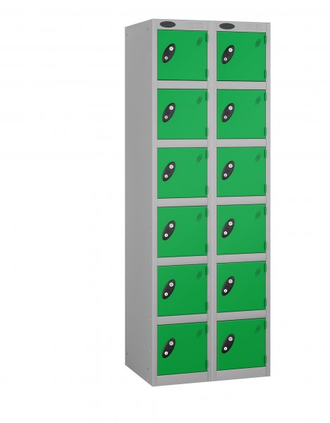 Nest of 2 Metal Storage Lockers | 6 Doors | 1780 x 305 x 305mm | Silver Carcass | Green Door | Cam Lock | Probe