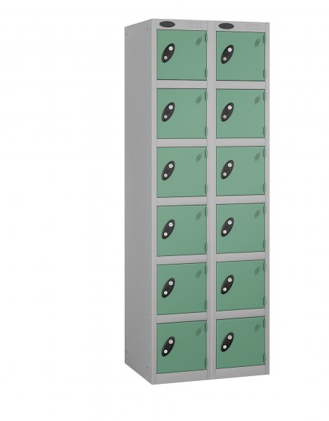 Nest of 2 Metal Storage Lockers | 6 Doors | 1780 x 305 x 305mm | Silver Carcass | Jade Door | Cam Lock | Probe