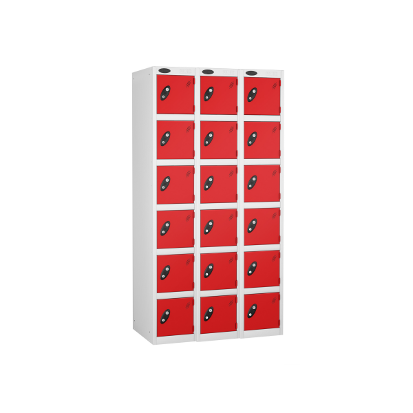 Nest of 3 Metal Storage Lockers | 6 Doors | 1780 x 305 x 305mm | White Carcass | Red Door | Cam Lock | Probe