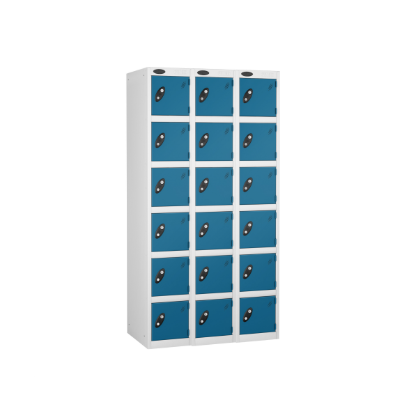 Nest of 3 Metal Storage Lockers | 6 Doors | 1780 x 305 x 305mm | White Carcass | Blue Door | Cam Lock | Probe