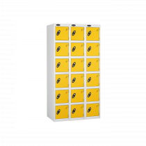 Nest of 3 Metal Storage Lockers | 6 Doors | 1780 x 305 x 305mm | White Carcass | Yellow Door | Cam Lock | Probe