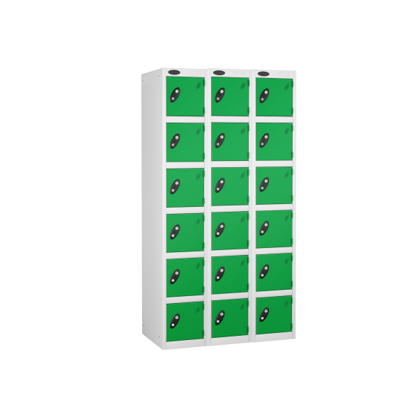 Nest of 3 Metal Storage Lockers | 6 Doors | 1780 x 305 x 305mm | White Carcass | Green Door | Cam Lock | Probe