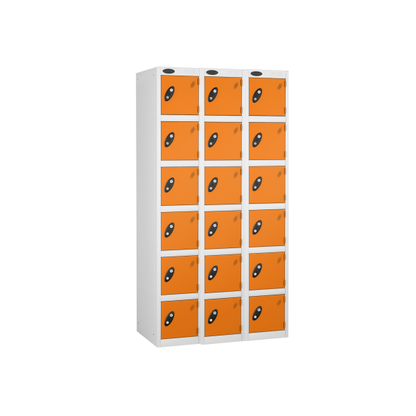 Nest of 3 Metal Storage Lockers | 6 Doors | 1780 x 305 x 305mm | White Carcass | Orange Door | Cam Lock | Probe