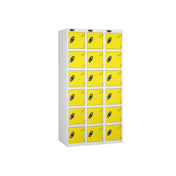 Nest of 3 Metal Storage Lockers | 6 Doors | 1780 x 305 x 305mm | White Carcass | Lemon Door | Cam Lock | Probe