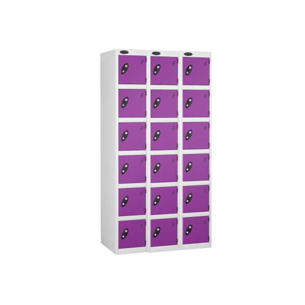 Nest of 3 Metal Storage Lockers | 6 Doors | 1780 x 305 x 305mm | White Carcass | Lilac Door | Cam Lock | Probe