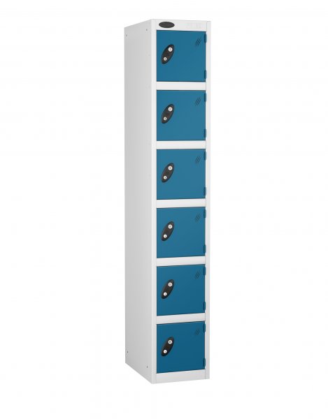 Single Metal Storage Locker | 6 Doors | 1780 x 305 x 380mm | White Carcass | Blue Door | Cam Lock | Probe