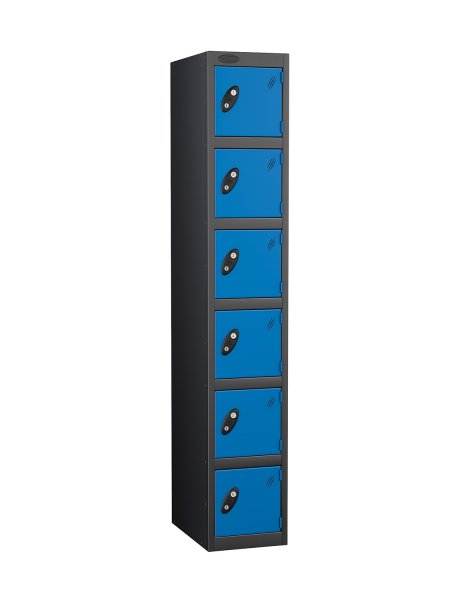 Single Metal Storage Locker | 6 Doors | 1780 x 305 x 380mm | Black Carcass | Blue Door | Cam Lock | Probe